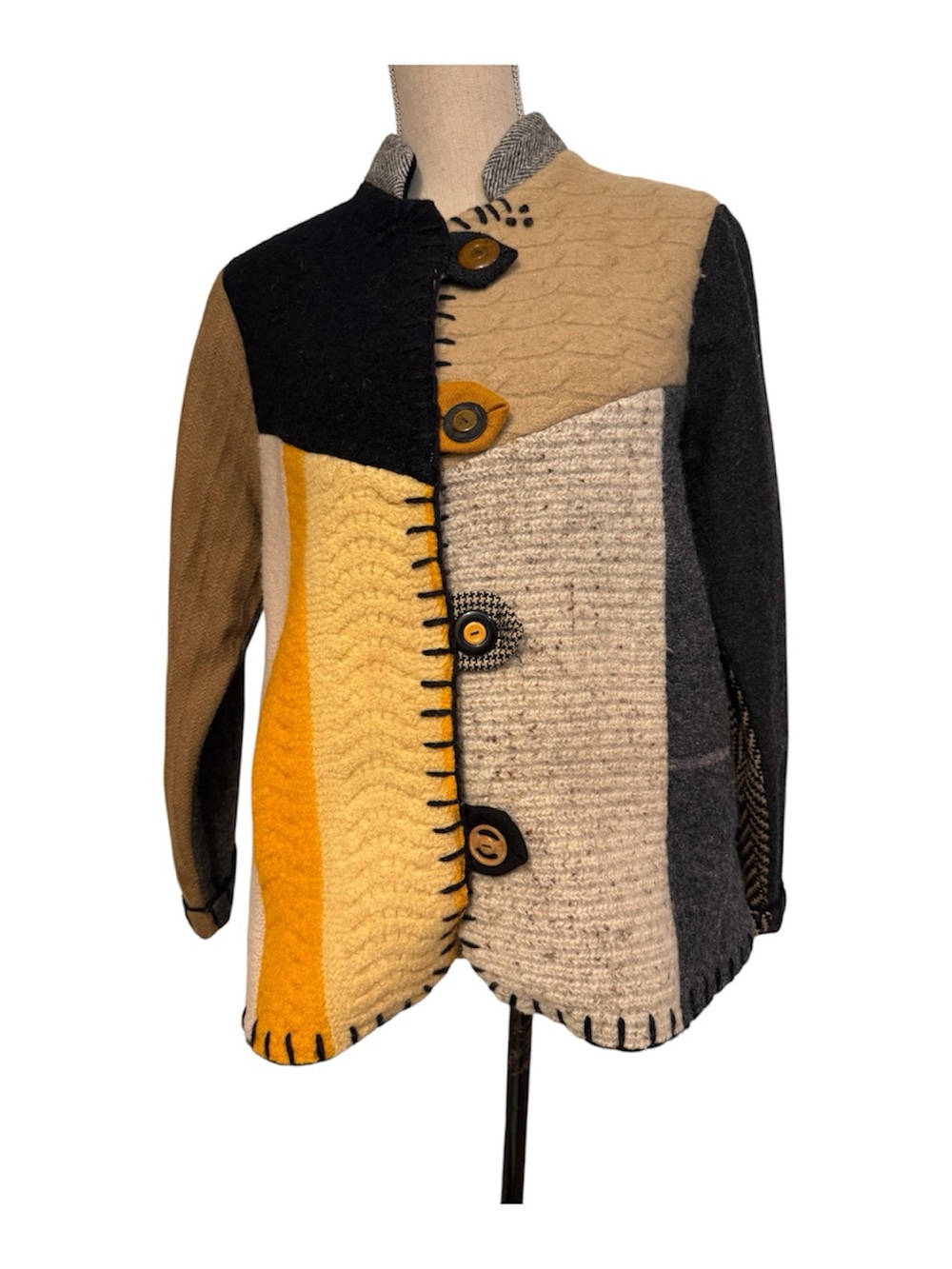 BAABAAZUZU JACKET COAT UPCYCLED WOOL PATCHWORK TAN GRAY SIZE S